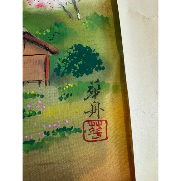 Vintage Japanese Silk Painting Cherry Blossom Landscape Signed Art - Picture 2 of 9